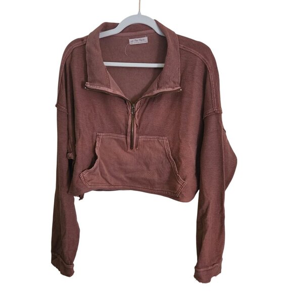 Free People We The Free Kitty Pullover Faded Rust Pockets Zip Raw Seams Size L - Picture 2 of 12